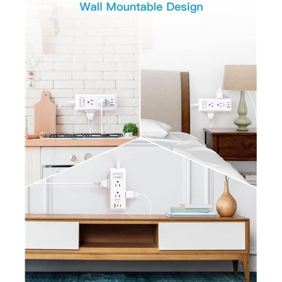 Flat Plug Power Strip, Ultra Thin Extension Cord, 6 Outlets 3 USB Ports(2 USB C) - Picture 7 of 8